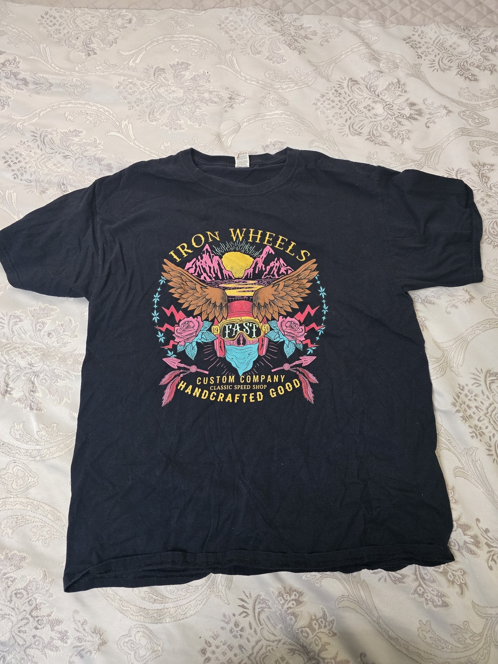 Fruit of the Loom Black Tee with Multicolor Iron Wheels Graphic